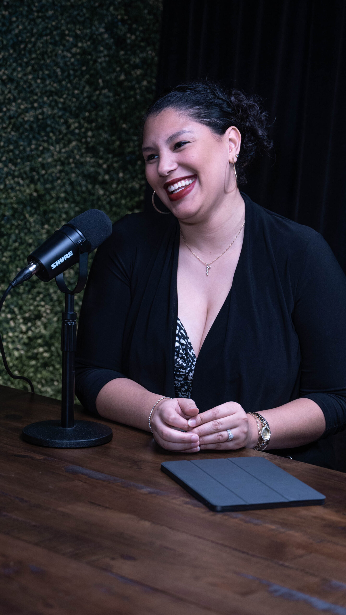 woman being mindful while podcasting
