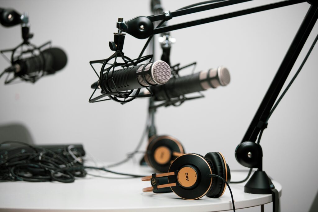 Podcast mics and headphones