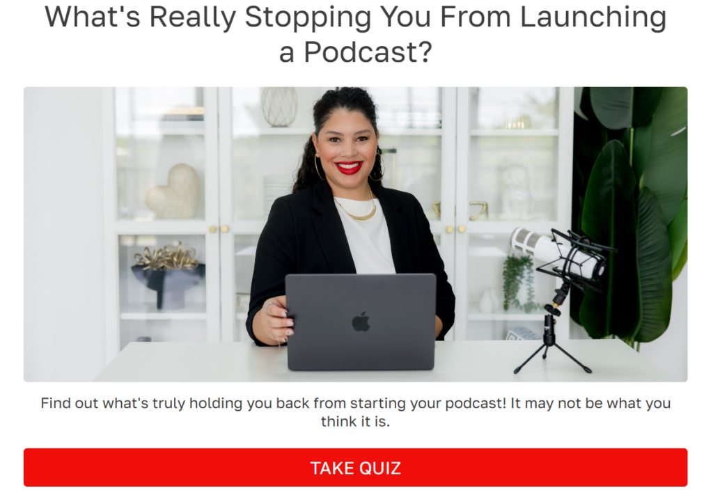 A photo with Podcast Coach Heidy de la Cruz siling and incentivicing everyone to take the quiz to What's Really Stopping You From Launching a Podcast?