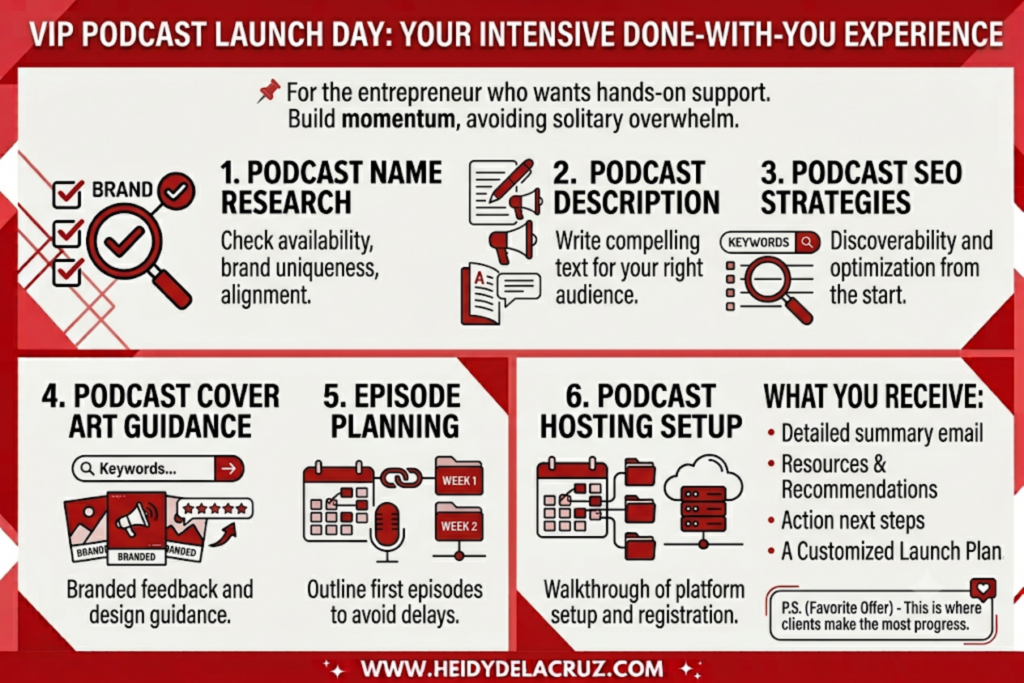 infographic showing and describing one of the podcast coaching services, of Heidy de la cruz, podcast coach, VIP launch day- An infographic titled "VIP Podcast Launch Day: Your Intensive Done-With-You Experience," presented in a professional red, white, and gray illustrative style. The graphic details a structured service to help entrepreneurs build momentum and avoid solitary overwhelm. The image is organized into six numbered panels outlining the service steps: Podcast Name Research: Shows illustrative checkboxes and a magnifying glass, focusing on checking availability, brand uniqueness, and alignment. Podcast Description: Features icons of a megaphone and writing tools, detailing how to write compelling text for the right audience. Podcast SEO Strategies: Shows a magnifying glass over a "keywords" list and a search bar, explaining discoverability and optimization from the start. Podcast Cover Art Guidance: Displays illustrative branded cover art and rating stars, focusing on branded feedback and design guidance. Episode Planning: Features a calendar icon linked to folders labeled "WEEK 1" and "WEEK 2," explaining how to outline initial episodes to avoid delays. Podcast Hosting Setup: Includes icons of a calendar, server racks, and a cloud, detailing a walkthrough of platform setup and registration. A final section on the right summarizes "WHAT YOU RECEIVE:" with a bulleted list including: Detailed summary email, Resources & Recommendations, Action next steps, and A Customized Launch Plan. The bottom of the infographic features a red banner with the website address WWW.HEIDYDELACRUZ.COM.