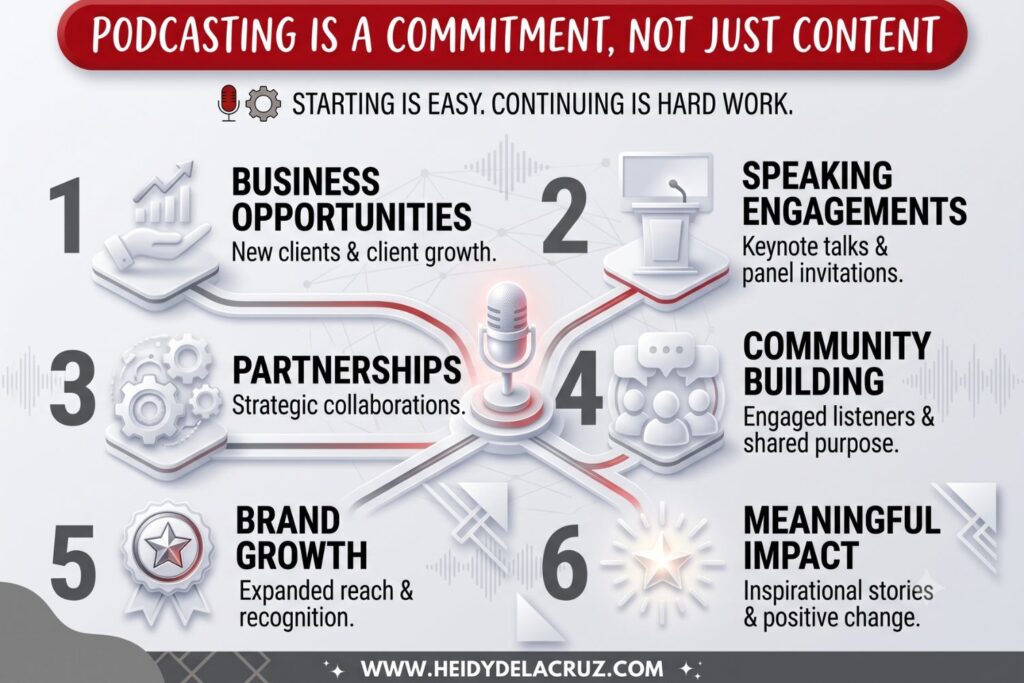Graphic with bold text reading ‘podcasting is a commitment, not just content,’ emphasizing that podcasting requires ongoing effort and consistency