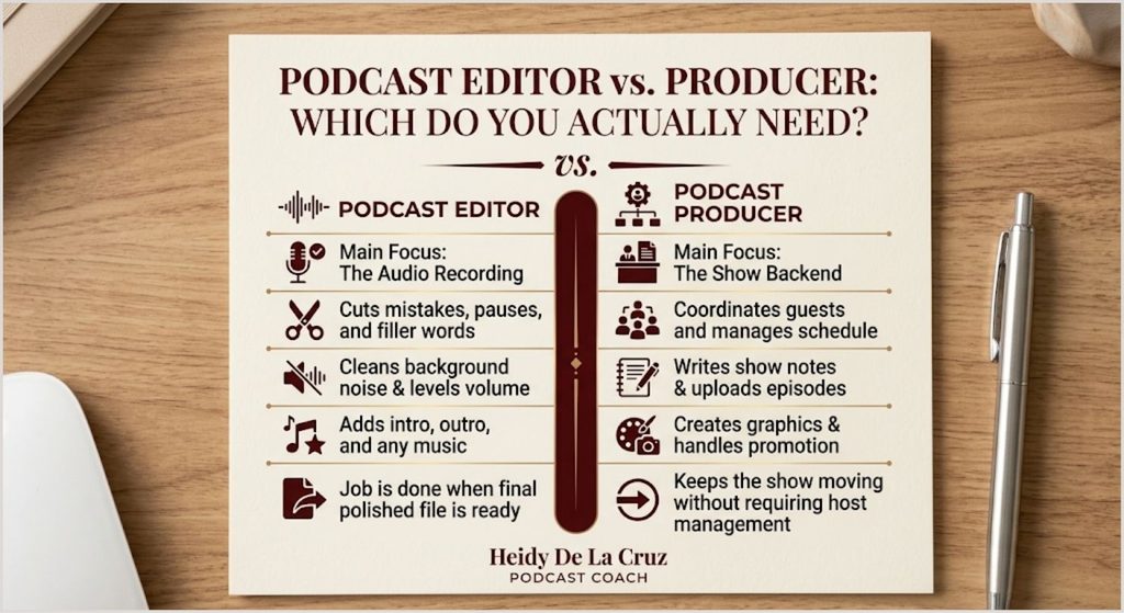 Infographic titled ‘Podcast Editor vs. Producer: Which Do You Actually Need?’ comparing the roles and responsibilities of a podcast editor and podcast producer to help creators determine which type of support is right for their show.